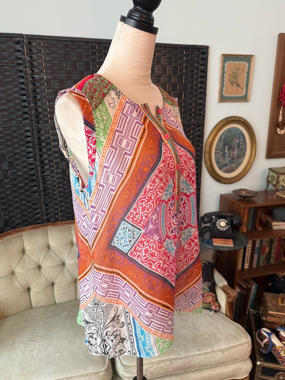 🌺 Hale Bob 100% Silk Sheer Sleeveless Tunic Blouse M Boho Luxe Medallion Print - Picture 4 of 11